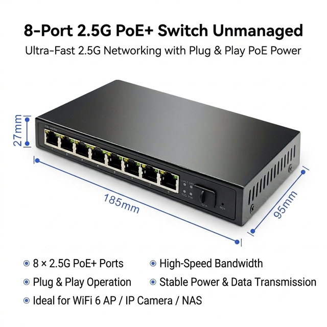 8-Port 2.5G PoE+ Switch Unmanaged 120W Total PoE 10G SFP Uplink for WiFi6/7 AP, IP Camera, NAS, NVR