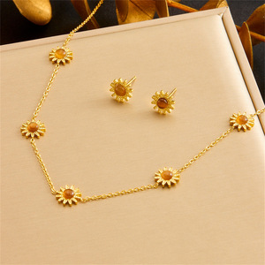 Tiger's Eye Sunflower Jewelry <b>Set</b> Stainless Steel Chain Necklace Earring <b>Bracelet</b> Women's Everyday Wear - Product Image 2