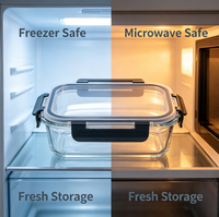Boîte à lunch en verre borosilicate de 370 ml, résistante au micro-ondes, anti-fuite, boîte bento, récipient de stockage alimentaire pour les employés de bureau