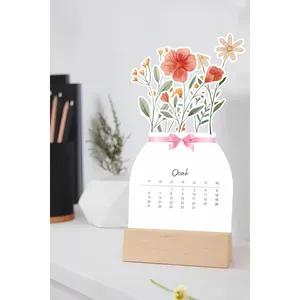 Modern Flower Designed 2025 <b>Desk</b> Calendar Art Style Raw Wood Color Birthday Occasion Decorative 12 Months - Product Image 1