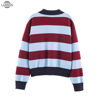 Pull tricoté chic à col polo rayé pour femme, nouvelle collection automne 2026, manches longues, style vintage
