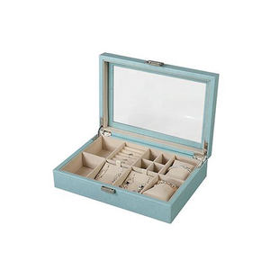 กล่องเก็บเครื่องประดับแบบกระจก DS ระดับไฮเอนด์ สีฟ้าอ่อน บรรจุภัณฑ์ต่างหู ทำด้วยมือ ไม้ทรงสี่เหลี่ยมผืนผ้า MDF วินเทจ หรูหรา - Product Image 1