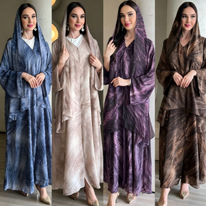 Conjunto de Abaya de Chifón Tie Dye para Mujer, Túnica Larga Abierta con Capa y Pañuelo <span class=keywords><strong>a</strong></span> Juego, Elegante Vestido Maxi Musulmán Modesto de Dubái - Product Image 2