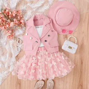 boutique new design 4 colors girls 4 pieces outfit top+butterfly skirt+suit vest+hat child's clothing set for daily wear