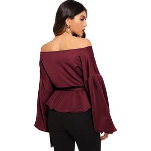 MANNI Manica Lunga Con Scollo A V Volant Camicetta Off Spalla Borgogna Delle Donne Camicette - Product Image 2