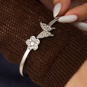 Pulsera de Mariposa con Flores al por Mayor, Brazalete de Cristal con Pedrería, Joyería de Moda, Brazalete de Acero Inoxidable para Mujer - Product Image 5