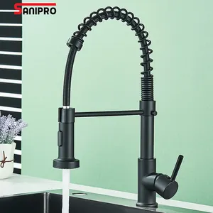 SANIPRO SS Stainless Steel Hot Cold Taps Black Sink Water Tap Mixer Single Handle Lever Pull Out Down Spring Kitchen Faucets