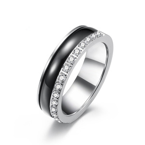 Unisex <b>Titanium</b> Steel <b>Ring</b> Black White Diamond Pave Setting Engagement Jewelry Geometric Style K R449 - Product Image 5