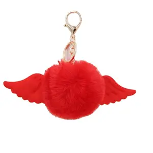 Meisjes Cadeau Schattige Engel Wing Pom Pom Sleutelhanger Pluizige Konijnenbont Bal Sleutelhangers Pompon Sleutelhangers Charme Hanger Vleugel Pluche Sleutelhanger