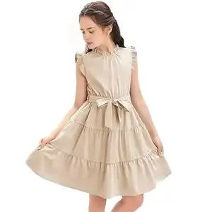 2024 Hot Sale Casual Ruffle Sleeve Plain Tiered Pleated Party Midi Dress With Belt For Girls