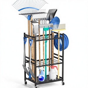 Garden Organizer Wheels Yard Tower Rack Non-Folding Garage Storage 35 Long-Handled <strong>Tools</strong> Sturdy Metal Holder 3 <strong>Hooks</strong> - Product Image 1