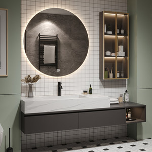 Customizable Italian-style luxury stone slab seamless ceramic basin smart <b>mirror</b> modern minimalist bathroom Cabinet - Product Image 2