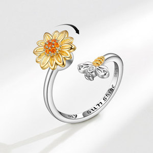 Trendy Claw Insert Orange Zircon Rotating Sunflower Ring Copper Gold Plated <b>Bee</b> Flower Open Rings Anti Anxiety Jewelry For Women - Product Image 1