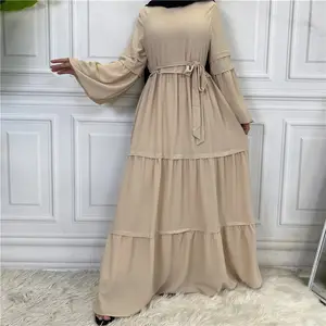 터키 패션 새로운 소프트 쉬폰 이슬람 Abaya 드레스 긴 소매 단색 Kaftan 겸손한 여성 이슬람 맥시 드레스