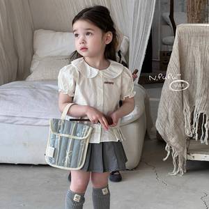 Girls Cotton Shirt And Skirt Set Off White Gray Two Piece Summer Outfit For Kids - Product Image 1