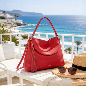 Sac à bandoulière en cuir souple rouge pour femmes, avec décorations en pompon, sangle détachable, sac à main pour soirée - Product Image 3