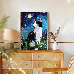 Dipinto Digitale a Olio <span class=keywords><strong>di</strong></span> Songwoo <span class=keywords><strong>Van</strong></span> <span class=keywords><strong>Gogh</strong></span>: Gatto con Motivo a Spirale Cielo Stellato, Gattino Tuxedo Carino in Prato Colorato con Fiori Selvatici - Dipingi con i Numeri - Product Image 4