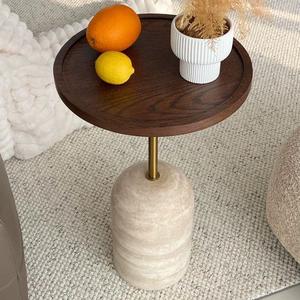 <b>Round</b> Wood Coffee <b>Table</b> With Marble Base Modern Minimalist Living Room Decorative <b>Side</b> <b>Table</b> - Product Image 1