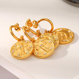 ต่างหูห้อยทรงเหรียญวินเทจ KITI ชุบทอง 18k ทำจากสแตนเลสสตีล สำหรับผู้หญิง สไตล์เรโทร ขายส่ง - Product Image 4