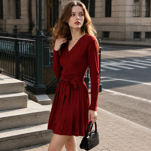 Glamour Slimming Cross Front Long Full Sleeve Stand Neck Midi Knit Frock Matte Black Bright <b>Red</b> Solid <b>Belted</b> Waist Pleated - Product Image 2