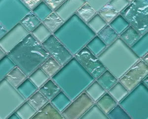 Mosaico de vidrio iridiscente azul, azulejo contra salpicaduras, precio de fábrica