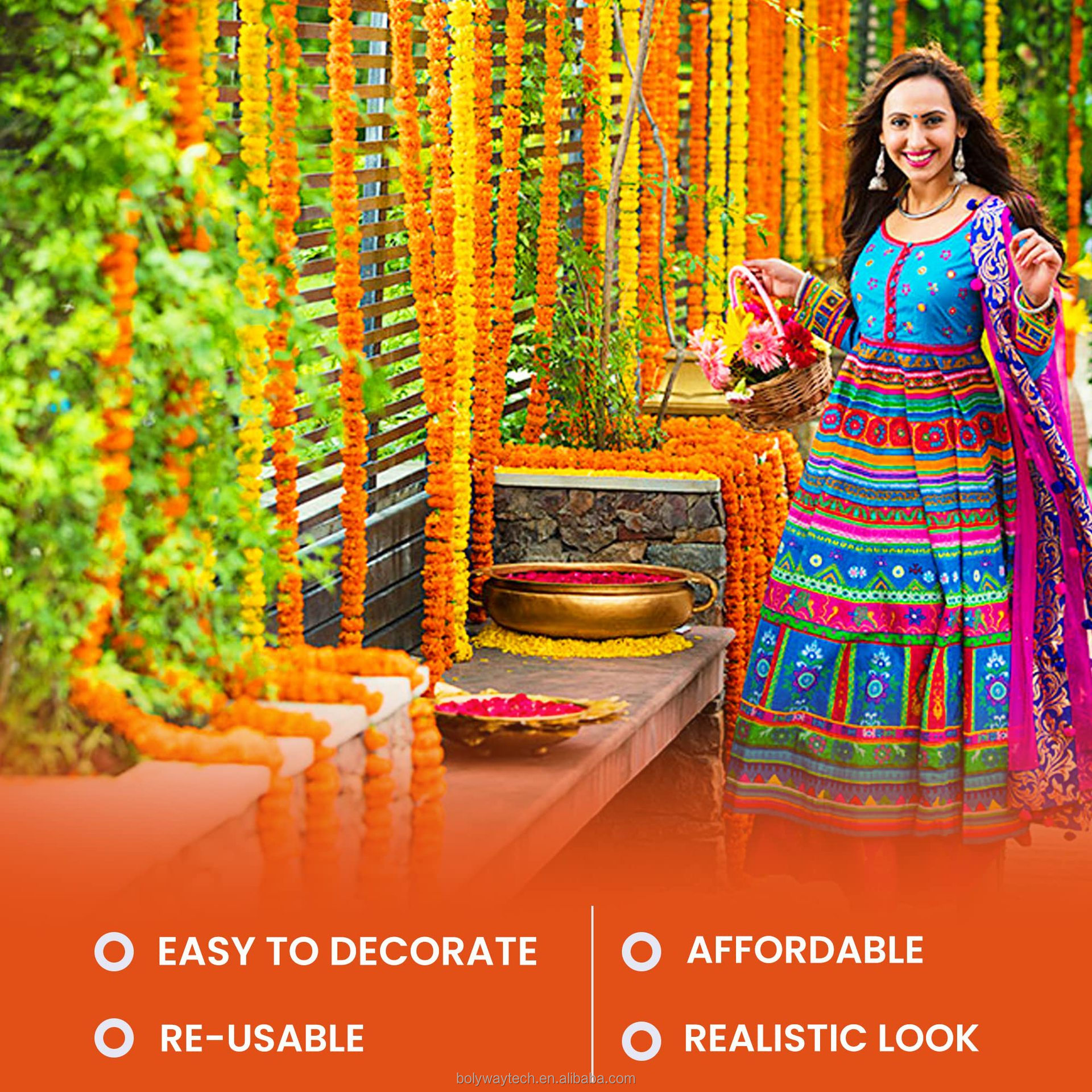 Bolyway AY-192 Artificial Marigold Garland - Indian Wedding Home Decoration Yellow Flower String