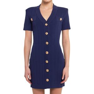 Robe pull de luxe OEM en coton et lyocell bleu, col en V, tricot côtelé pour femme - Product Image 4