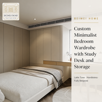 Armoire murale complète minimaliste sur mesure couleur latte pour chambre à coucher avec bureau intégré |   Sans poignée |   Usine OEM CE E1