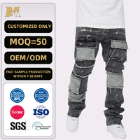 Pantalon en jean noir vintage délavé personnalisé pour homme, avec poches utilitaires 3D, patchs, coupe bootcut et évasée, vente en gros