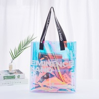 Sac fourre-tout en PVC irisé recyclable avec poignée en boucle, imprimé logo personnalisé, sac de shopping transparent tendance, vente en gros du Guangdong