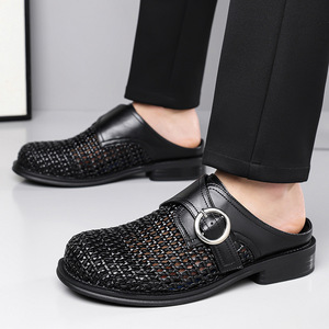 2026 Summer New Style Men's Mules <b>Slip</b>-On Derby <b>Half</b> Slippers Breathable Hollow Woven Casual Slides - Product Image 3