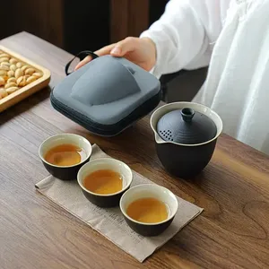 Ceramics Travel Tea Set Include 1 Pot 3 <b>TeaCup</b> Teapot and Cup Set With Storage Bag Gift for Travel - Product Image 2