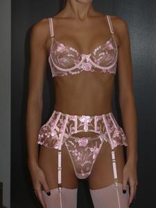 Ensemble de lingerie rose brodé floral avec soutien-gorge à nœud, porte-<span class=keywords><strong>jarretelles</strong></span> et bas – Luxe, couleur personnalisée, étiquette, vente en gros, direct usine - Product Image 3