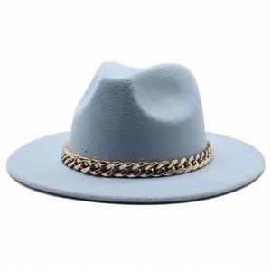 Wholesale Wide Brim Women Fedora Hats for Adults <b>Cheap</b> 27 Solid Colors Polyester Fedora Hats With <b>Chain</b> - Product Image 5