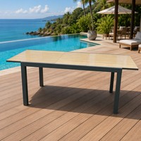 Table à manger extensible moderne et durable en alliage d'aluminium avec structure en acier et plateau en verre pour usage extérieur dans les cours et les parcs