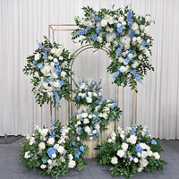 Bunga Mawar Biru dan Putih Realistis, Hydrangea, Larkspur, Bunga Buatan Ramah Lingkungan Buatan Tangan untuk Dekorasi Latar Belakang Gapura Pernikahan