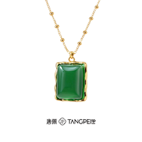TANGPEI Pendentif carré tendance en alliage plaqué or avec CZ vert effet jade pour femme, chaîne à maillons, cadeau minimaliste
