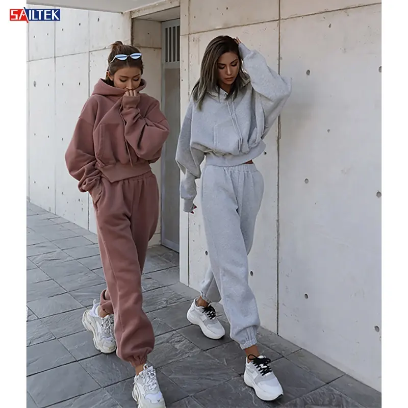 2024 printemps jogger pulls Gym personnalisé entraînement velours 2 pièces femmes ensemble haut court surdimensionné à capuche femmes coton bio sweat