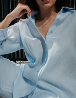 Ensemble en lin bleu ciel 2 pièces, lin de qualité supérieure personnalisé, haut et pantalon en lin uni à manches longues pour femmes, ensemble 2 pièces pour femmes