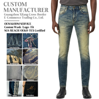 Jeans en denim vintage délavé pour homme, coupe slim droite avec poche arrière personnalisée en jacquard et patchwork, style streetwear