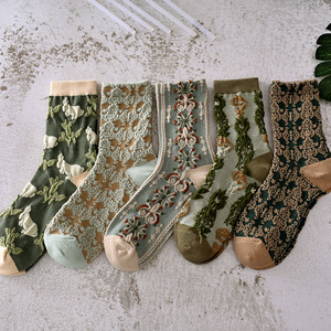 Chaussettes rétro en coton pur pour femmes, respirantes, motif Floral, Jacquard, <span class=keywords><strong>Tube</strong></span> central - Product Image 3