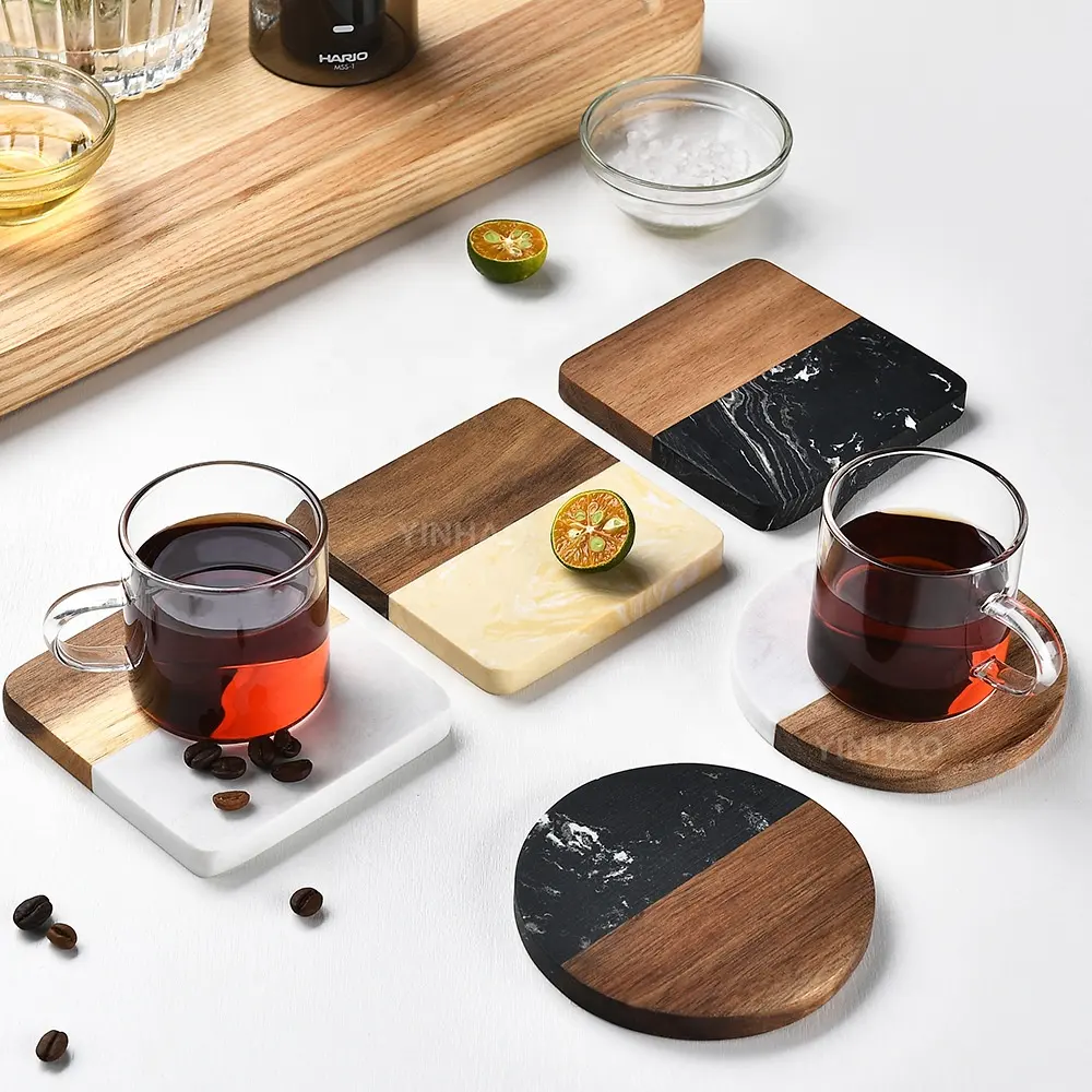 Posavasos de madera de mármol, Mantel Individual de madera para empalmar, té, café, taza cuadrada redonda, 2023