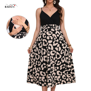 Abito <span class=keywords><strong>Premaman</strong></span> e Allattamento con Stampa Leopardata, Spalline Regolabili, Scollo a V, Vita Elasticizzata Arricciata, Vestito <span class=keywords><strong>Premaman</strong></span> Midi Ampio a Trapezio - Product Image 1