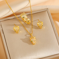 3 pcs/Set Ensembles de bijoux de créateur Boucles d'oreilles léopard en zircon Bague plaquée or Collier complet en acier inoxydable Bijoux en cuivre