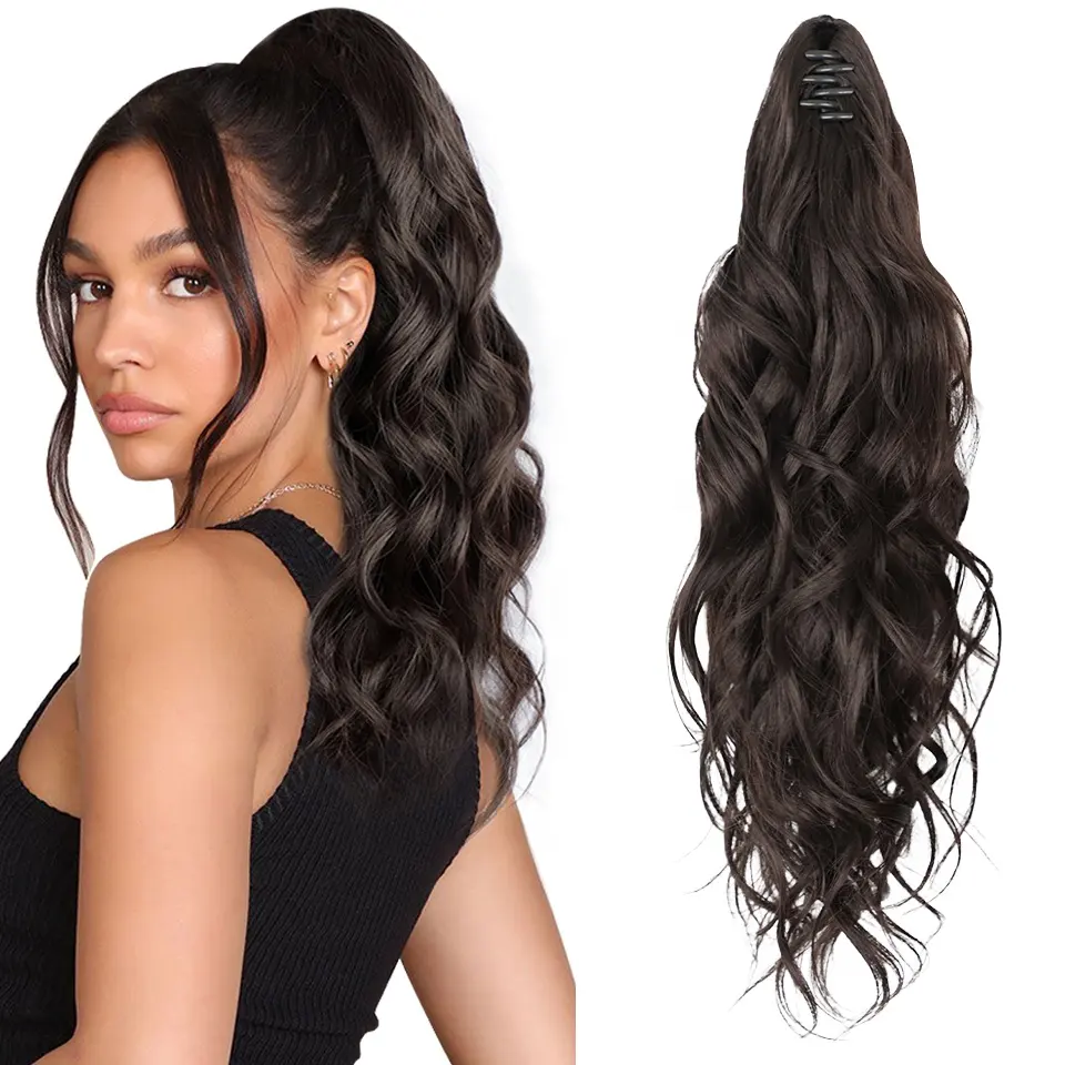 AU remy hair 16inch Wavy Clip on Hairpiece Extension natural wave 100 human Hair Ponytail For Women
