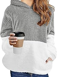 Sudadera con capucha de sherpa para mujer, suave y afelpada, con bloques de color, de manga larga, cómoda para el invierno, ropa de estar por casa, informal - Product Image 3