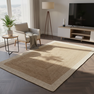 Tapis en jute géométrique moderne à bordure blanche, tressé, fabriqué à la machine, antidérapant, écologique, à poils plats, avec envers en jute, pour la maison, la prière et l'exercice - Product Image 3