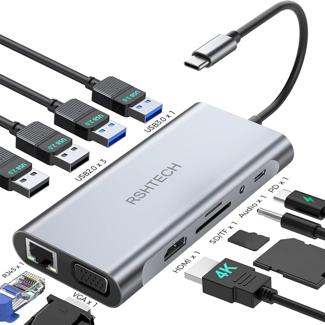 Multifunction 11-in-1 USB 3.0 Hub PD Charging & Transfer 100mbps Ethernet USB C TYPE C Docking Station for MacBook