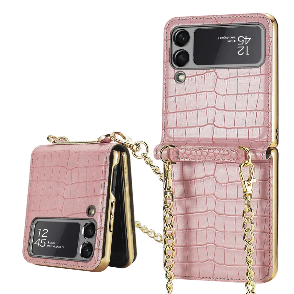 2021 Opvouwbare Keten Schoonheid Spiegel Telefoon Case Leather Case Voor Samsung Galaxy Z Flip 5G X Vrouwen Case Met keten Telefoon Cover