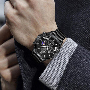 Classic Men's Chronograph Wristwatch Waterproof Black <b>Case</b> 4 Sub-dials Moon Phase <b>Watch</b> for Gift - Product Image 6